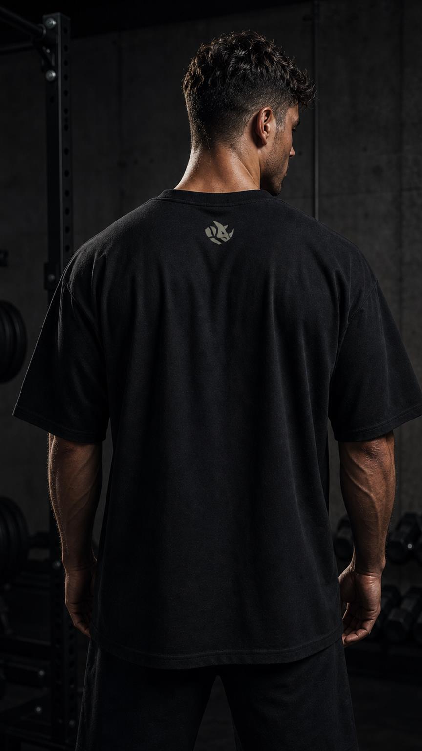 Modelo masculino usando camiseta oversized preta Kifaru Armor vista de costas