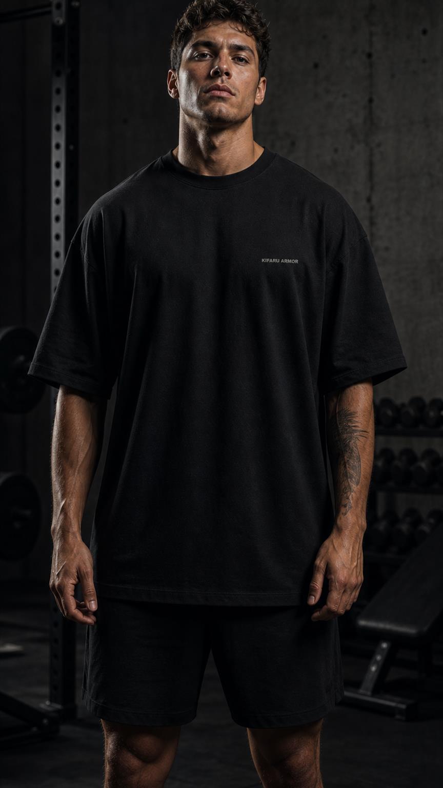 Modelo masculino usando camiseta oversized preta Kifaru Armor vista de frente