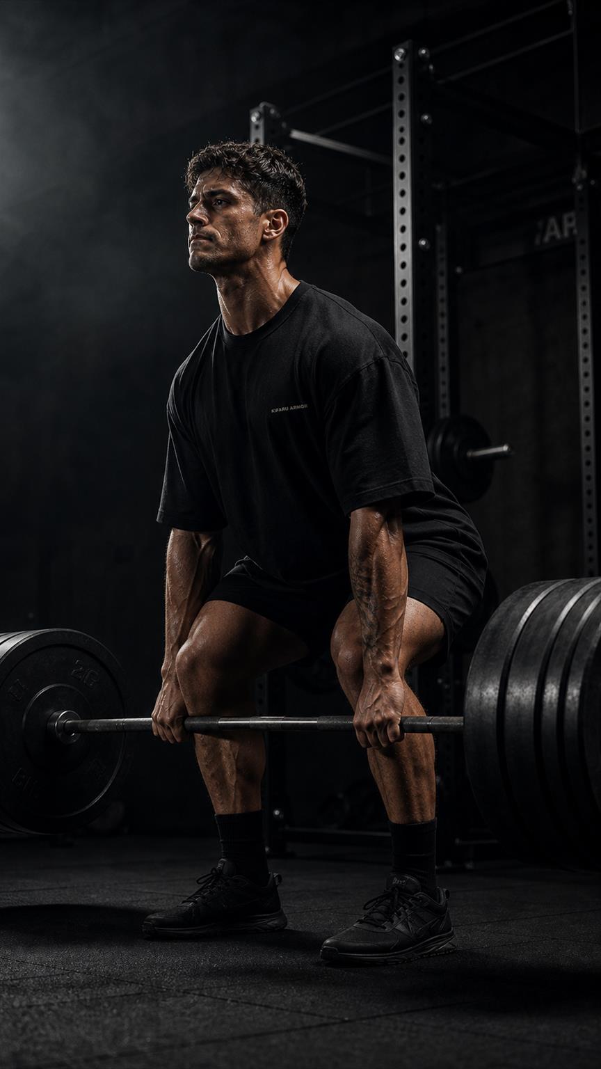 Modelo usando camiseta Kifaru Armor executando exercício pesado em academia premium escura