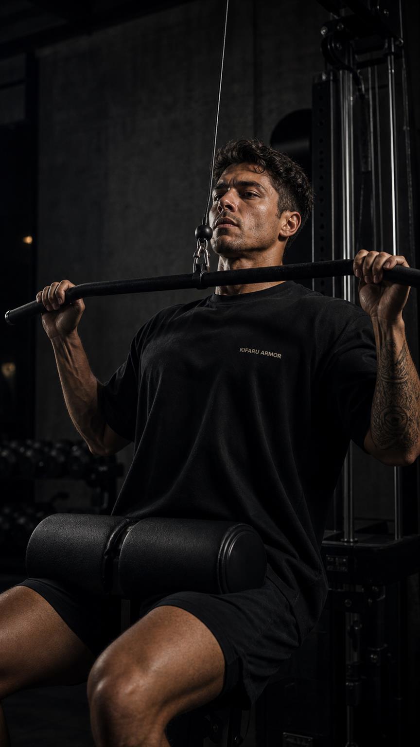 Modelo usando camiseta Kifaru Armor executando exercício de costas em academia premium escura